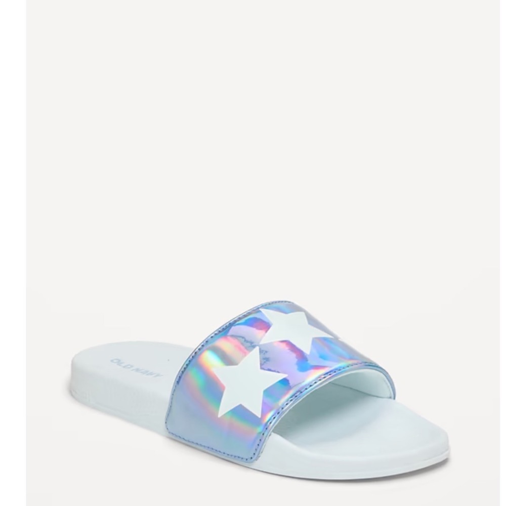 Old Navy Kids Holographic Star Slide Sandals Iridescent Silver White 3Y-4Y NEW